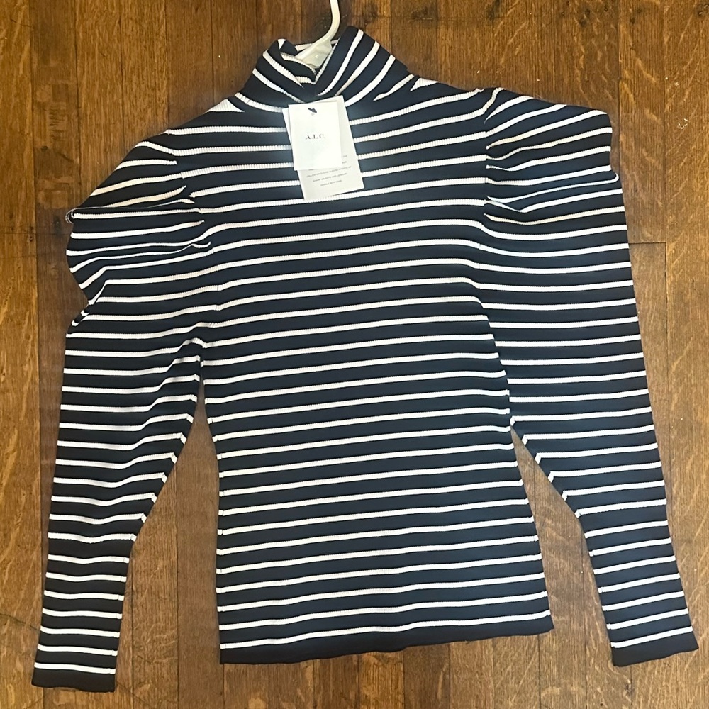 NWT A.L.C. Black and White Striped Baker Puff Sleeve Turtleneck - Picture 7 of 9